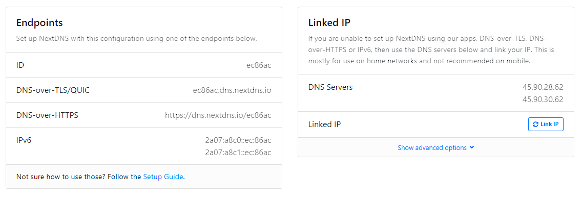 The list of IPs and endpoints NextDNS gives you