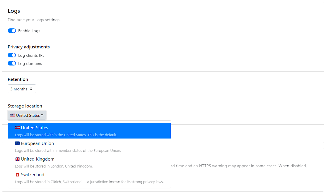 NextDNS logs configuration