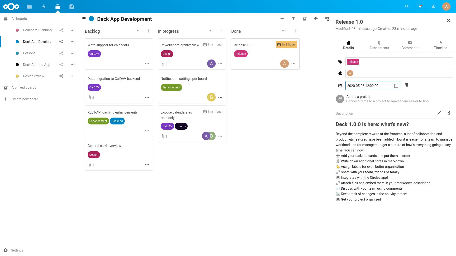 The Nextcloud Deck interface